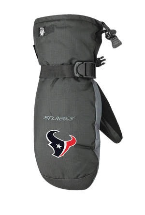 Black and gray lofted mitt with Texans logo on back of hand against a white background