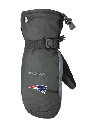 Black and gray lofted mitt with Patriots logo on back of hand against a white background