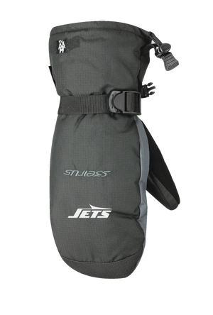 Black and gray lofted mitt with Jets logo on back of hand against a white background
