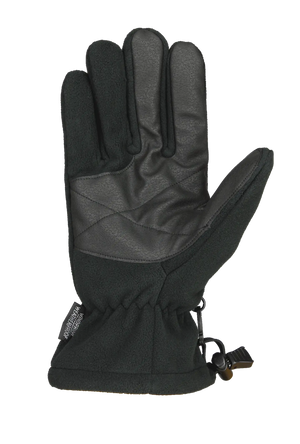 A single black form fit fleece winter glove shown flat against a solid white background, with the palm side of the hand and wrist cuff visible.
