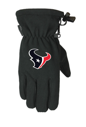 A single black form fit winter fleece glove featuring the Houston Texans logo on the back of the hand, shown against a plain white background.