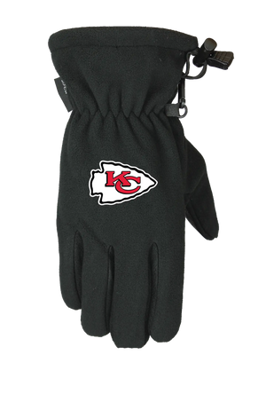 A single black form fit winter fleece glove featuring the Kansas City Chiefs logo on the back of the hand, shown against a plain white background.