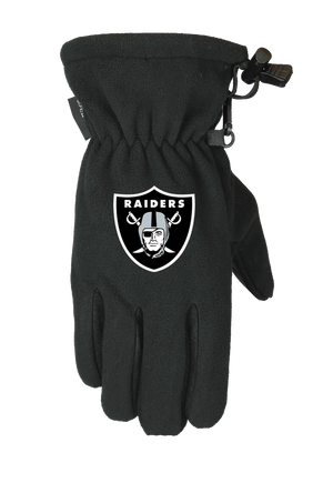 A single black form fit winter fleece glove featuring the Las Vegas Raiders logo on the back of the hand, shown against a plain white background.
