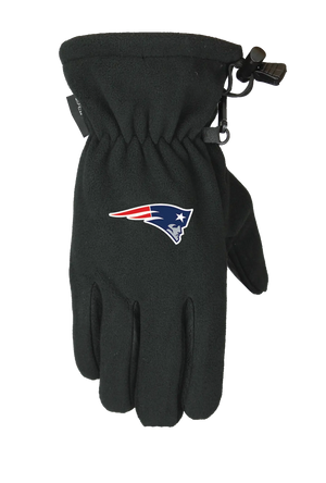 A single black form fit winter fleece glove featuring the New England Patriots logo on the back of the hand, shown against a plain white background.
