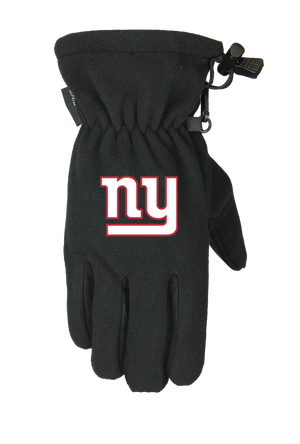 A single black form fit winter fleece glove featuring the New York Giants logo on the back of the hand, shown against a plain white background.