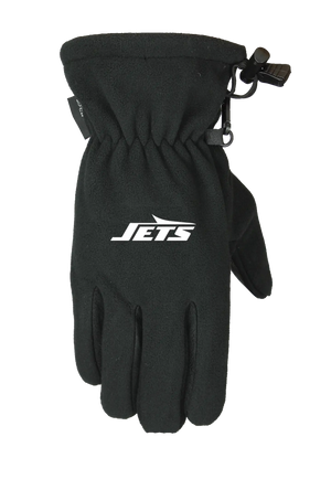 A single black form fit winter fleece glove featuring the New York Jets logo on the back of the hand, shown against a plain white background.