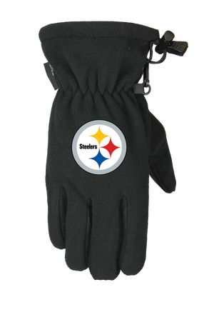 A single black form fit winter fleece glove featuring the Pittsburgh Steelers logo on the back of the hand, shown against a plain white background.