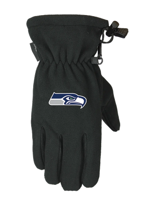 A single black form fit winter fleece glove featuring the Seattle Seahawks logo on the back of the hand, shown against a plain white background.