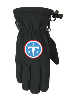 A single black form fit winter fleece glove featuring the Tennessee Titans logo on the back of the hand, shown against a plain white background.