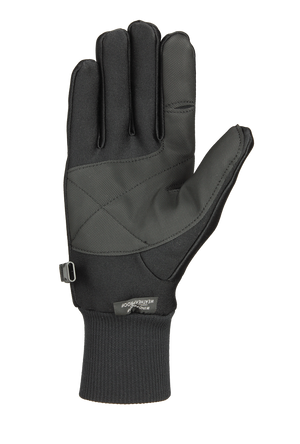 A single black form fit all weather winter glove palm side view shown flat against a white background, featuring a ribbed knit cuff and a tonal grip palm patch.