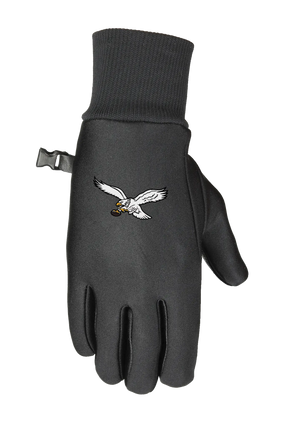 A single black form fit all weather multi season glove with a Philadelphia Eagles classic logo on the back of the hand, featuring a ribbed knit cuff, shown against a plain white background.