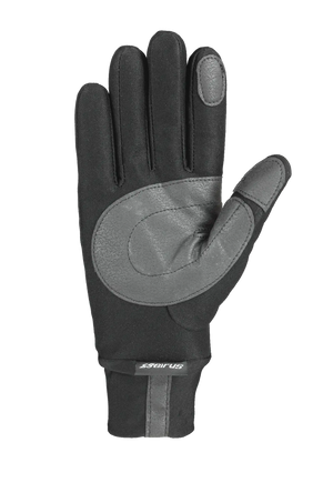 A single black form fit multi season glove showing the palm side with gray leather like protective palm patches on the palm, forefinger and thumb, shown against a plain white background.