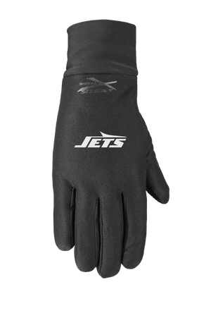 A single black glove featuring the New York Jets logo on the back of the hand, with a tonal Seirus logo near the cuff, set against a plain white background.