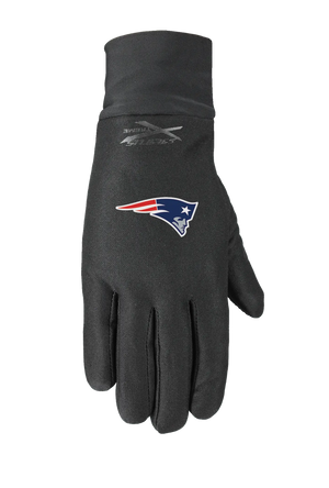 A single black glove featuring the New England Patriots logo on the back of the hand, with a tonal Seirus logo near the cuff, set against a plain white background.