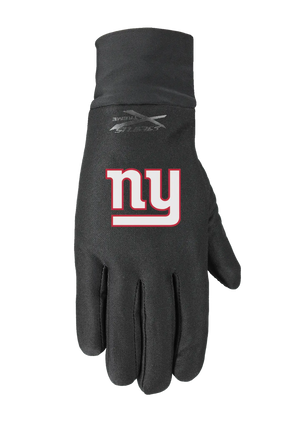 A single black glove featuring the New York Giants logo on the back of the hand, with a tonal Seirus logo near the cuff, set against a plain white background.