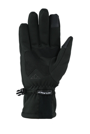 A single black form fit winter glove shown flat against a solid white background, with the palm side of the hand and wrist cuff visible.