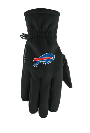 A single black form fit winter glove featuring the Buffalo Bills logo on the back of the hand, shown against a plain white background.