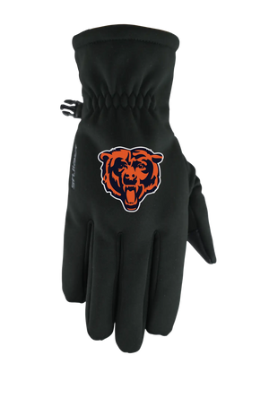 A single black form fit winter glove featuring the Chicago Bears logo on the back of the hand, shown against a plain white background.