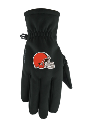 A single black form fit winter glove featuring the Cleveland Browns logo on the back of the hand, shown against a plain white background.
