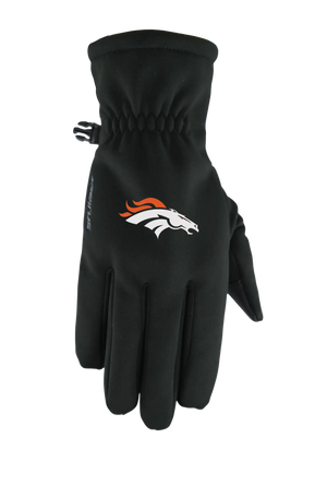 A single black form fit winter glove featuring the Denver Broncos logo on the back of the hand, shown against a plain white background.