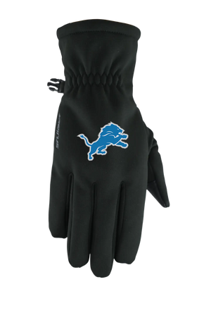 A single black form fit winter glove featuring the Detroit Lions logo on the back of the hand, shown against a plain white background.