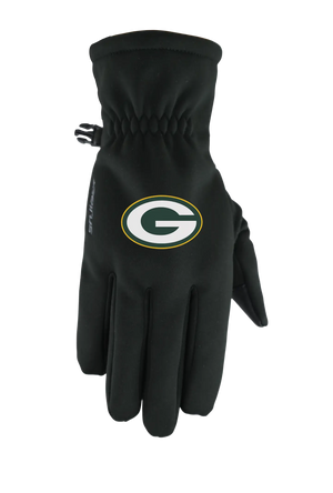A single black form fit winter glove featuring the Green Bay Packers logo on the back of the hand, shown against a plain white background.