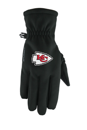 A single black form fit winter glove featuring the Kansas City Chiefs logo on the back of the hand, shown against a plain white background.