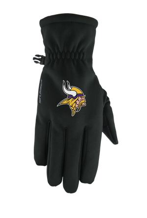 A single black form fit winter glove featuring the Minnesota Vikings logo on the back of the hand, shown against a plain white background.