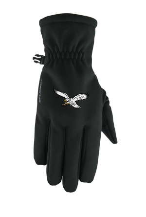 A single black form fit winter glove featuring the Philadelphia Eagles classic logo on the back of the hand, shown against a plain white background.