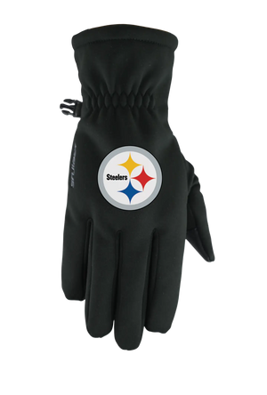 A single black form fit winter glove featuring the Pittsburgh Steelers logo on the back of the hand, shown against a plain white background.
