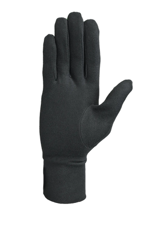 A single black glove liner shown flat against a solid white background, with the palm side of the hand and wrist cuff visible.