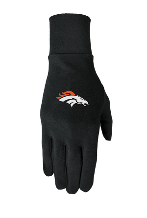 Black glove liner with a Denver Broncos logo on the back of the hand, on a white background