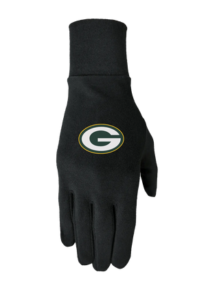 Black glove liner with a Green Bay Packers logo on the back of the hand, on a white background