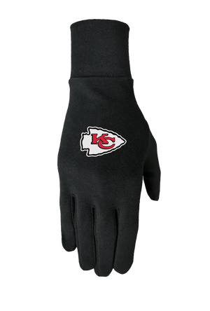 Black glove liner with a Kansas City Chiefs logo on the back of the hand, on a white background