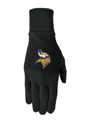Black glove liner with a Minnesota Vikings logo on the back of the hand, on a white background