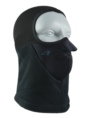Black Headliner Balaclava with a Panthers logo on a white background