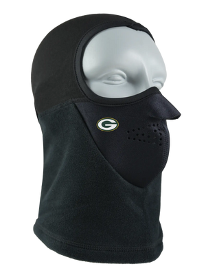 Black Headliner Balaclava with a Packers logo on a white background