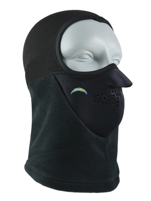 Black Headliner Balaclava with a Chargers logo on a white background