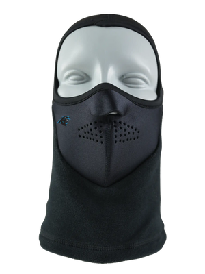 Black Headliner Balaclava with a Panthers logo on a white background