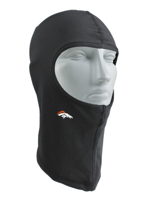A black balaclava with a Denver Broncos logo against a white background.