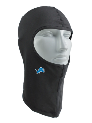 A black balaclava with a Detriot Lions logo against a white background.