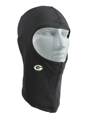 A black balaclava with a Green Bay Packers logo against a white background.