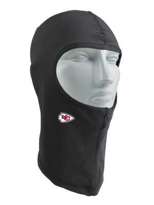 A black balaclava with a Kansas City Chiefs logo against a white background.