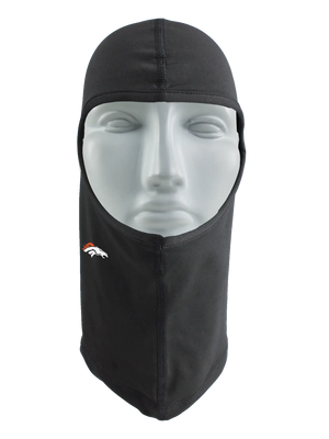 A black balaclava with a Denver Broncos logo against a white background.