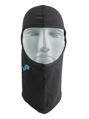 A black balaclava with a Detriot Lions logo against a white background.