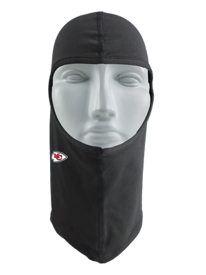 A black balaclava with a Kansas City Chiefs logo against a white background.