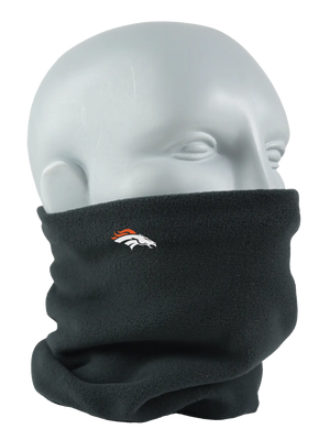 Black Seirus Micro Neck-Up with Denver Broncos logo, angled front view