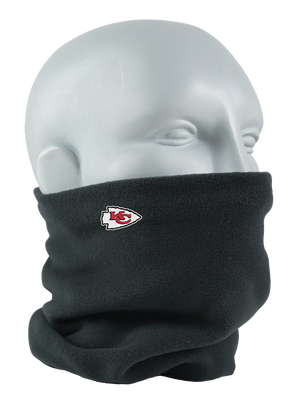 Black Seirus Micro Neck-Up with Kansas City Chiefs logo, angled front view