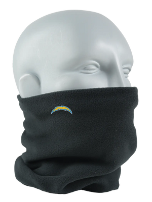 Black Seirus Micro Neck-Up with Los Angeles Chargers logo, angled front view