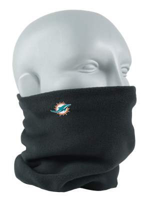 Black Seirus Micro Neck-Up with Miami Dolphins logo, angled front view